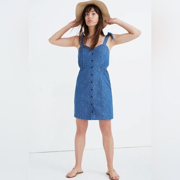 MADEWELL Denim Tie-Strap Button-Front Sundress in Star Jacquard Sz 0 - Picture 12 of 12